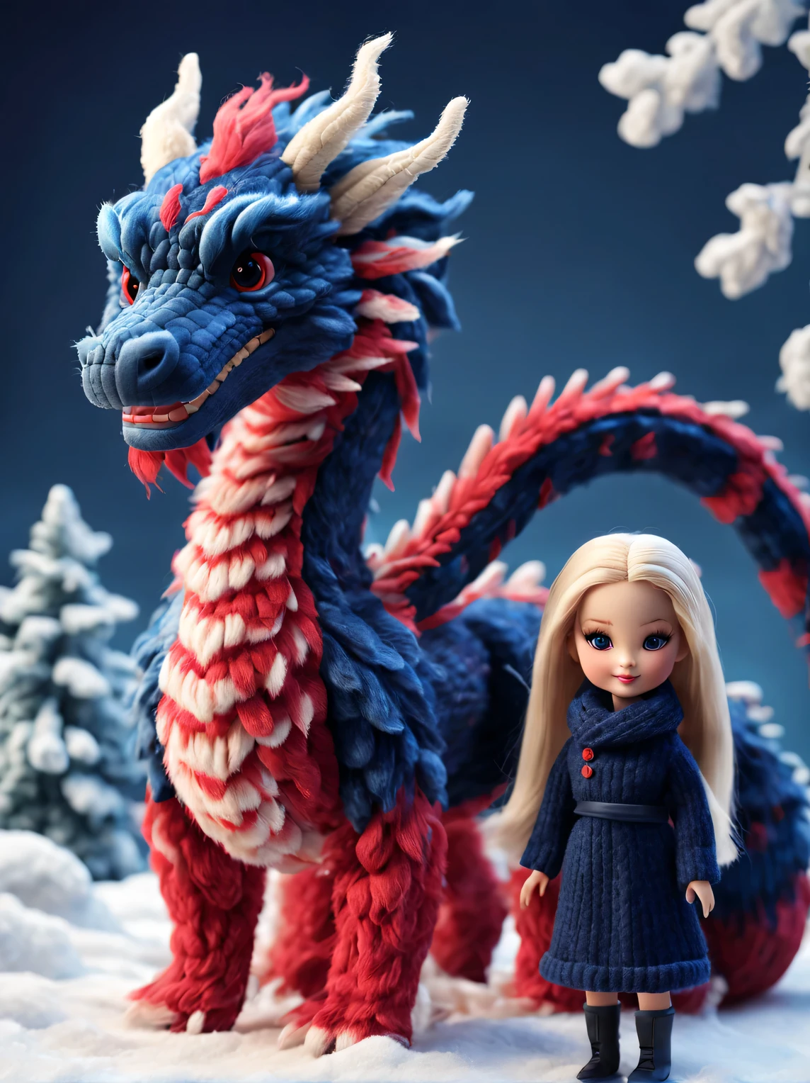 （Plush toy design），Happy cute chinese dragon baby and barbie doll，（wool craft），（Fluffy：0.68） ，Winter high fashion chinoiserie sweaters and scarves， Cute 3d rendering，Background with：dark navy blue+fiery red，，Cute and detailed digital art，Miniature feeling，stylized 3d render，3d rendered figure art 8k，lovely digital painting，Anime style 3D，Ultra-detailed rendering