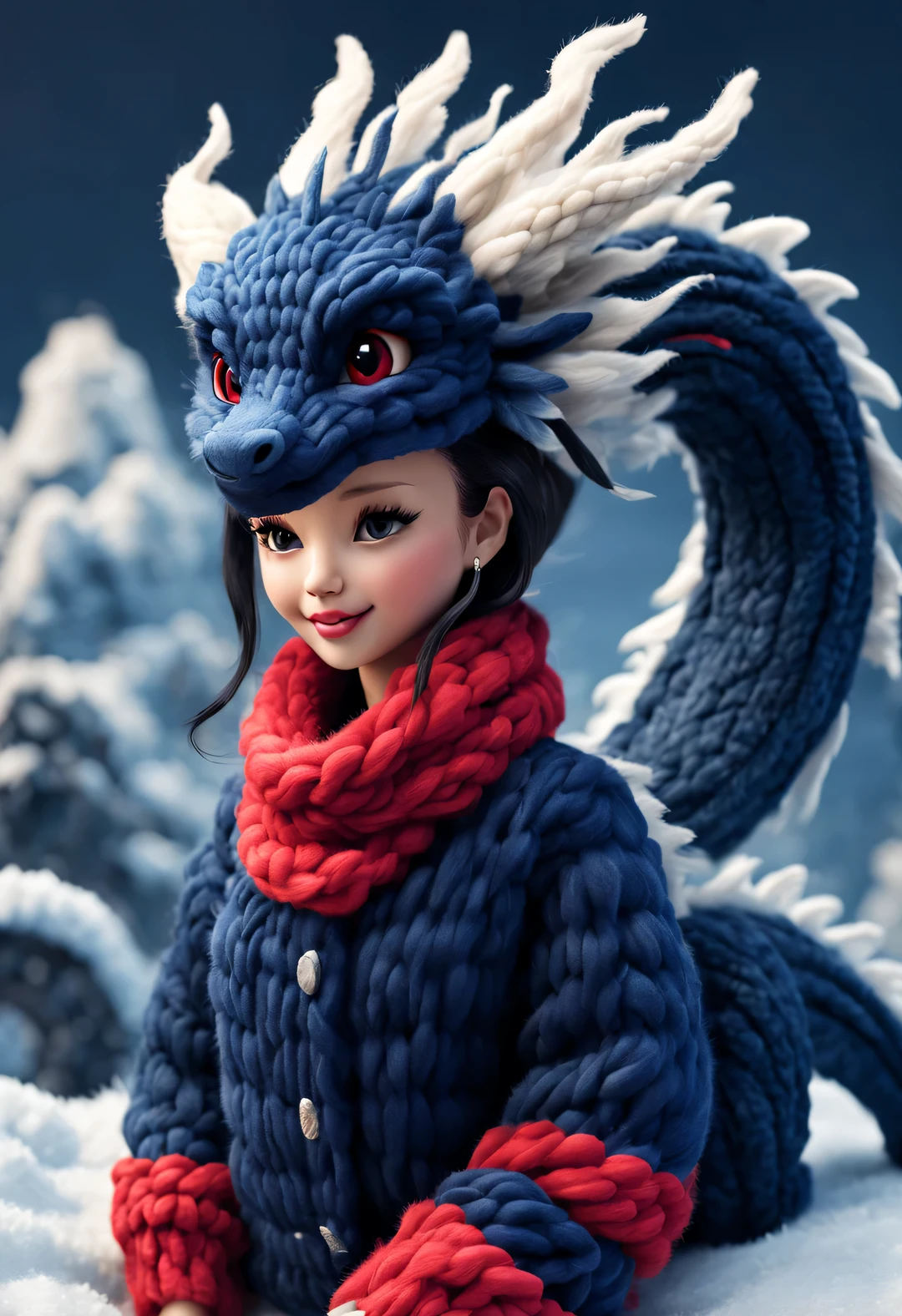(Plush toy design),Smiling cute Chinese dragon baby and barbie doll,(wool craft),(Fluffy:0.68) ,Winter high fashion chinoiserie sweaters and scarves, Cute 3d rendering,Background with:dark navy blue+fiery red,,Cute and detailed digital art,Miniature feeling,stylized 3d render,3d rendered figure art 8k,lovely digital painting,Anime style 3D,Ultra-detailed rendering