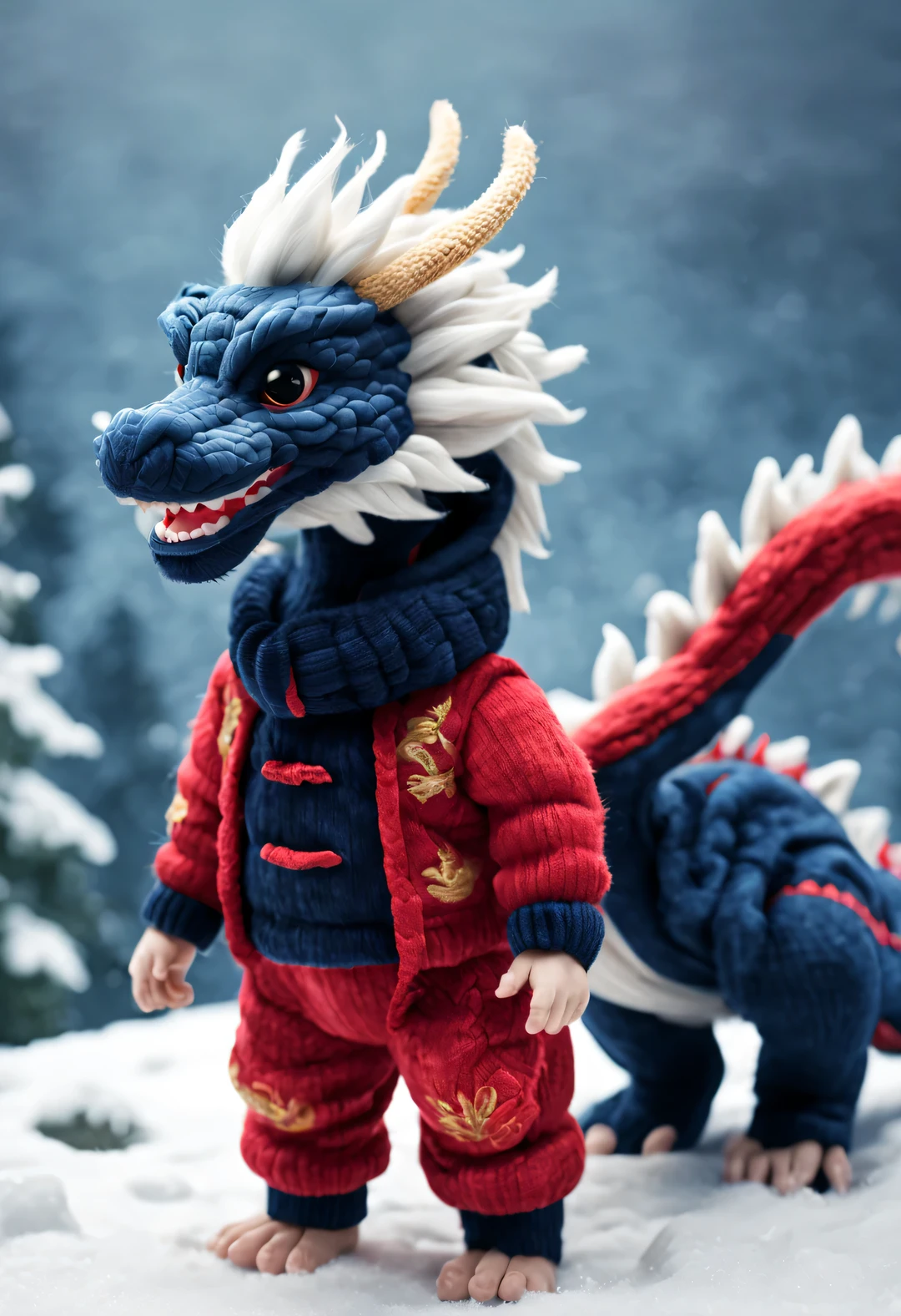 （Plush toy design），Smiling cute Chinese dragon baby and barbie doll，（wool craft），（Fluffy：0.68） ，Winter high fashion chinoiserie sweaters and scarves， Cute 3d rendering，Background with：dark navy blue+fiery red，，Cute and detailed digital art，Miniature feeling，stylized 3d render，3d rendered figure art 8k，lovely digital painting，Anime style 3D，Ultra-detailed rendering