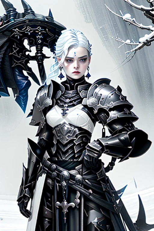 Seraphina Shadowmere is a striking figure with flowing obsidian locks that cascade down her back, contrasting against her pale, porcelain skin. Her piercing indigo eyes hold a hint of both sorrow and determination, reflecting the weight of the cursed kingdom's plight. Standing tall and graceful, she moves with an ethereal elegance, almost as if the shadows themselves dance to her silent command.