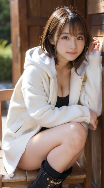 Top image quality, 8K, masutepiece, studio shoot, Japan Girl(sixteen years old), kawaii, From above, posterior view, s ass, 二重まぶた, thick eyebrow, Teardrops, full body Esbian, frontage, White hoodie on jacket, large full breasts, T back, light_Smile, A dark-haired, Curly bob cut hairstyle, The background is the riverbank,