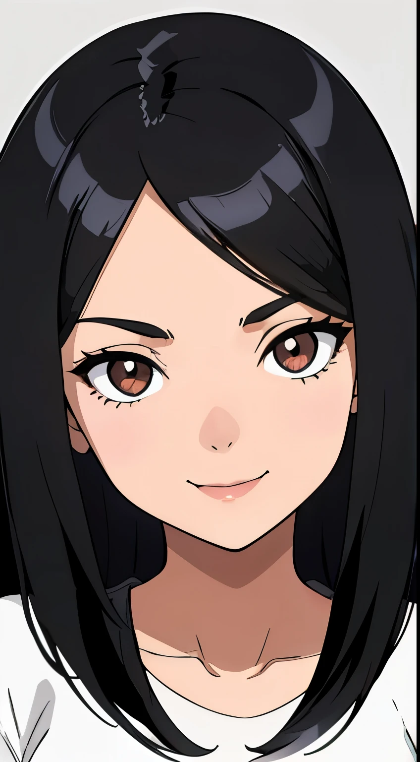 One girl with black hair, hair length until bust, straight hair, hair parted in center of head, round face. hairstyle with a center part, that the hair should be parted down the middle, creating a symmetrical look without any frontal hair covering the forehead. Looking straight. Looking straight at viewers. Smiling. Happy. Wearing casual shirt. Straight pose. Frontal view