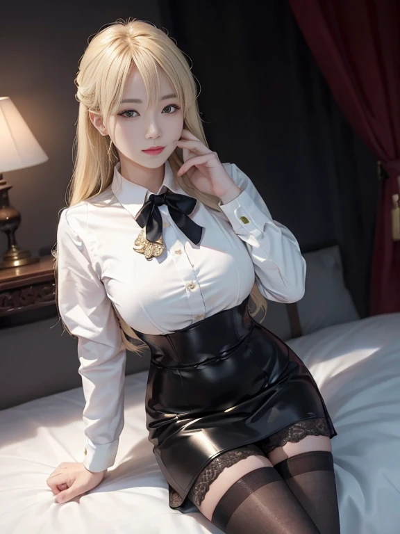 realistic, High resolution, soft light,1 female, alone, hip up, glowing skin, (detailed face),tattoo, jewelry, Secretarial Uniform, white shirt, black skirt, black stockings, garter belt, night, blonde hair, wavy hair, Beautiful Soldier, Eyes that invite the viewer, lover&#39;s perspective, an inviting look, sexy smile, perfect style, perfect balance, fine skin, naughty look, I can see your chest