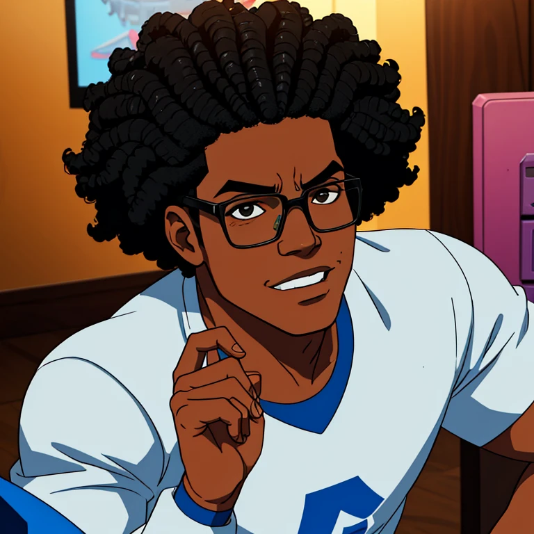 Crie um prompt para um caractere brasileiro: A friendly, 10 a 12 anos, altura mediana, black boy from Rio with medium afro hair (Black power) penteado. He is a geek and gamer, wears glasses, and has a warm and approachable demeanor."