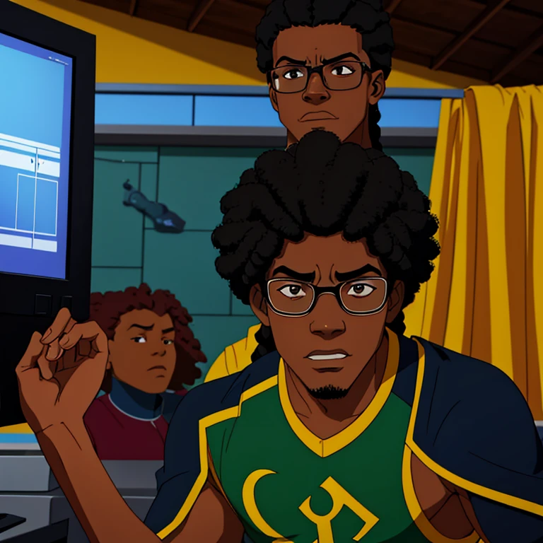 Generate me an image of three 3d cartoon afro warrior characters who are strategizing war