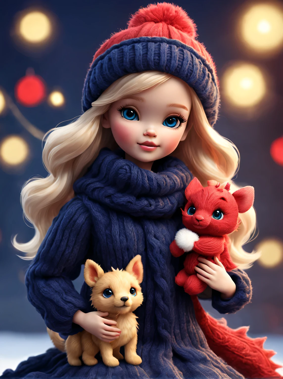 （2024 new year poster design），（Plush toy design），Naughty and cute Barbie doll and little dragon，（wool craft），（Fluffy：1.1） ，Winter high fashion with sweaters and scarves，(golden happy new year)， Cute 3d rendering，Background with：dark navy blue+fiery red，，Cute and detailed digital art，Miniature feeling，stylized 3d render，3d rendered figure art 8k，lovely digital painting，Anime style 3D，Ultra-detailed rendering