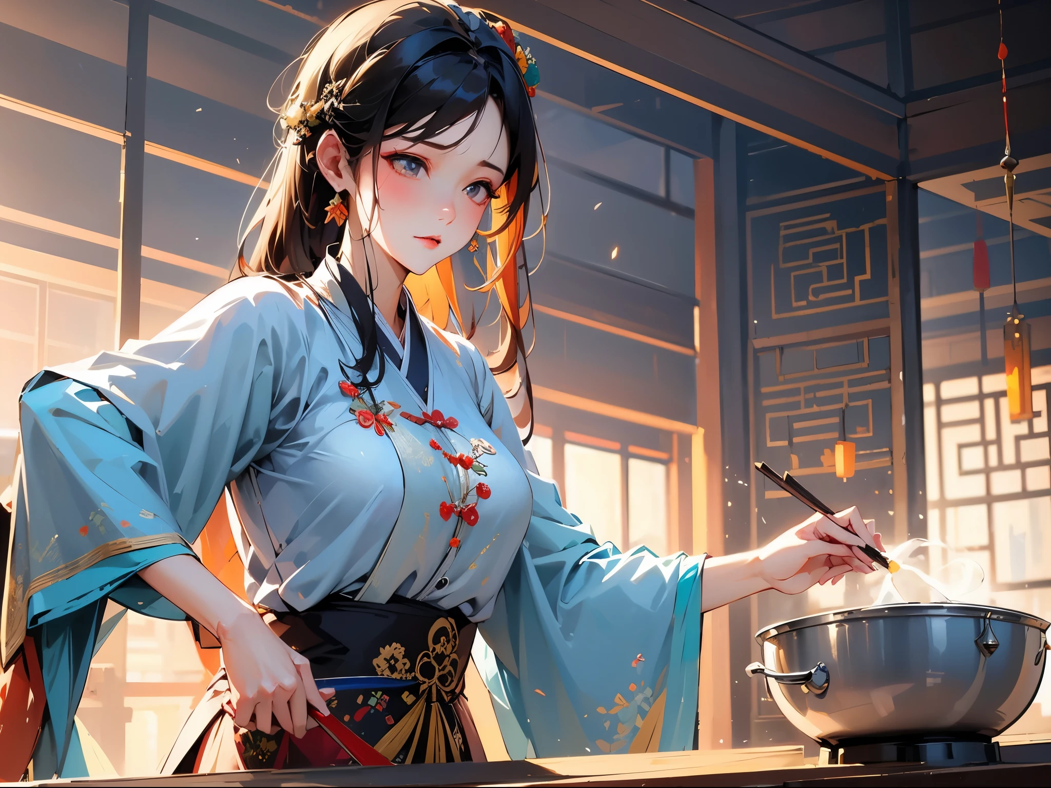 Beautiful Chinese girl cooking during the Song Dynasty,illustration,[traditional,silk clothes:silk, vibrant colorquisite porcelain tableware:porcelain, intricate pattern],Realistic lighting,Tranquil garden atmosphere,Prepare delicious food,Meticulous brush strokes,beautiful detail eyes,Beautifully detailed lips,colorful masterpieces:1.2,ultra-detail,Realistic high sound,professional,concept artist