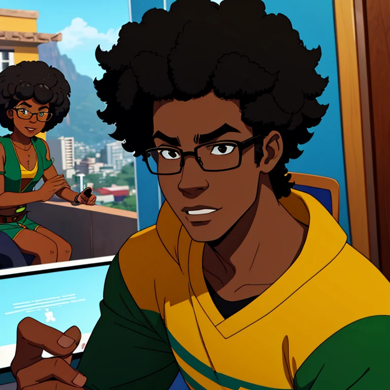 Create a prompt for a Brazilian character: a friendly, 15 to 19-year-old, medium-height, black boy from Rio de Janeiro with a medium-sized afro (black power) hairstyle. He is a geek and gamer, wears glasses, and has a warm and approachable demeanor."