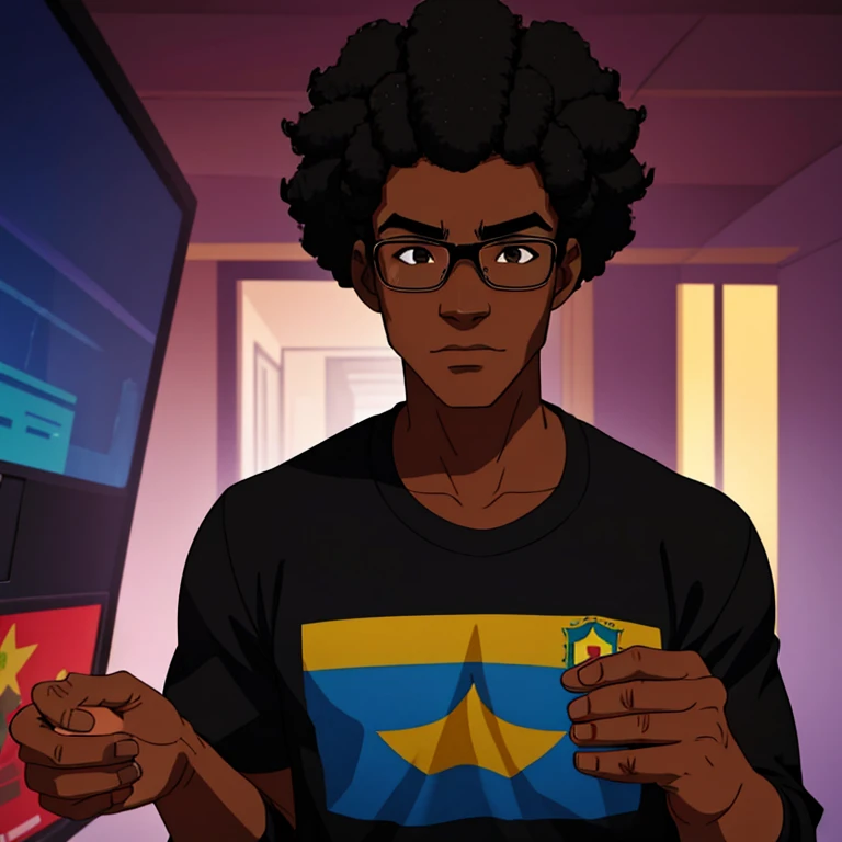 Create a prompt for a Brazilian character: a friendly, 15 to 19-year-old, medium-height, black boy from Rio de Janeiro with a medium-sized afro (black power) hairstyle. He is a geek and gamer, wears glasses, and has a warm and approachable demeanor."