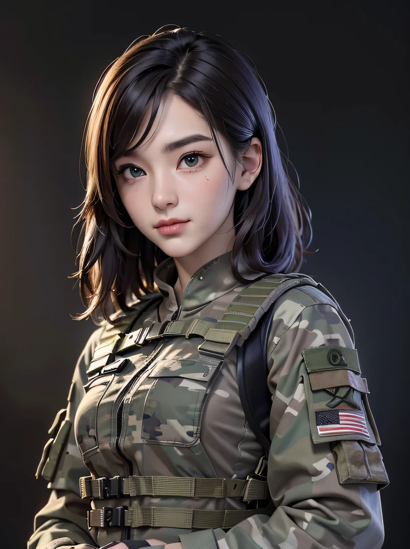 ((​masterpiece、top-quality、realisitic、ultra-detailliert、hight resolution、Photorealsitic、foco nítido))、Stunning portrait of a beautiful woman、bustshot、a matural female、With an oval face and symmetrical facial structure、big eye、soft wavy brown hair、Soft skin、pale white skin、raise your chin slightly、Mouth closed、A slight smil 、sad Facial expression、Beautiful detailed eyes、Medium Hair、Army camouflage uniform、Camouflage Tactical Vest、Long trousers with camouflage pattern、Combat gloves、rucksack、Black Military Undershirt、Tanks on the background、White smoke、Detailed hand depiction