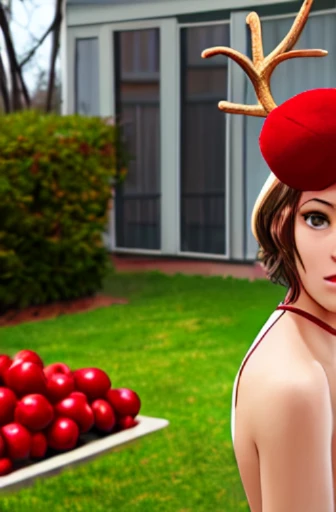 1girl, antlers, apple, bell, berry, blurry, branch, breasts, brown_hair, bush, candy_cane, christmas, christmas_lights, christmas_ornaments, christmas_tree, depth_of_field, fireplace, food, forest, fruit, garden, gift, gift_box, grapes, grass, green_eyes, holly, ivy, jungle, leaf, lips, long_hair, looking_at_viewer, medium_breasts, merry_christmas, moss, mushroom, nature, navel, nipples, ornament, overgrown, palm_tree, parted_lips, pine_tree, plant, potted_plant, realistic, reindeer_antlers, sack, santa_bikini, santa_costume, santa_hat, solo, tomato, tree, wreathmodern, 2000 years, studio quality, post-processing, massive scale, soft lighting, realistic, photorealism, photoshop, ultra realistic, Nikon D750, dslr, max detail, photoshop, photography, photorealism, dslr, post-processing, max detail, massive scale, soft lighting, studio lighting, 8k uhd, studio quality, realistic, photorealism, photography, photoshop, ultra realistic, detailed, houdini render, quixel megascans, unreal engine, portrait