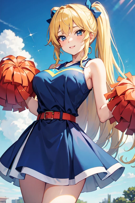 anime girl with blue dress and cheerleader holding up a pom pomrl, beautiful anime high school girl, pretty anime girl, cute anime girl, anime girl blonde Big breasts