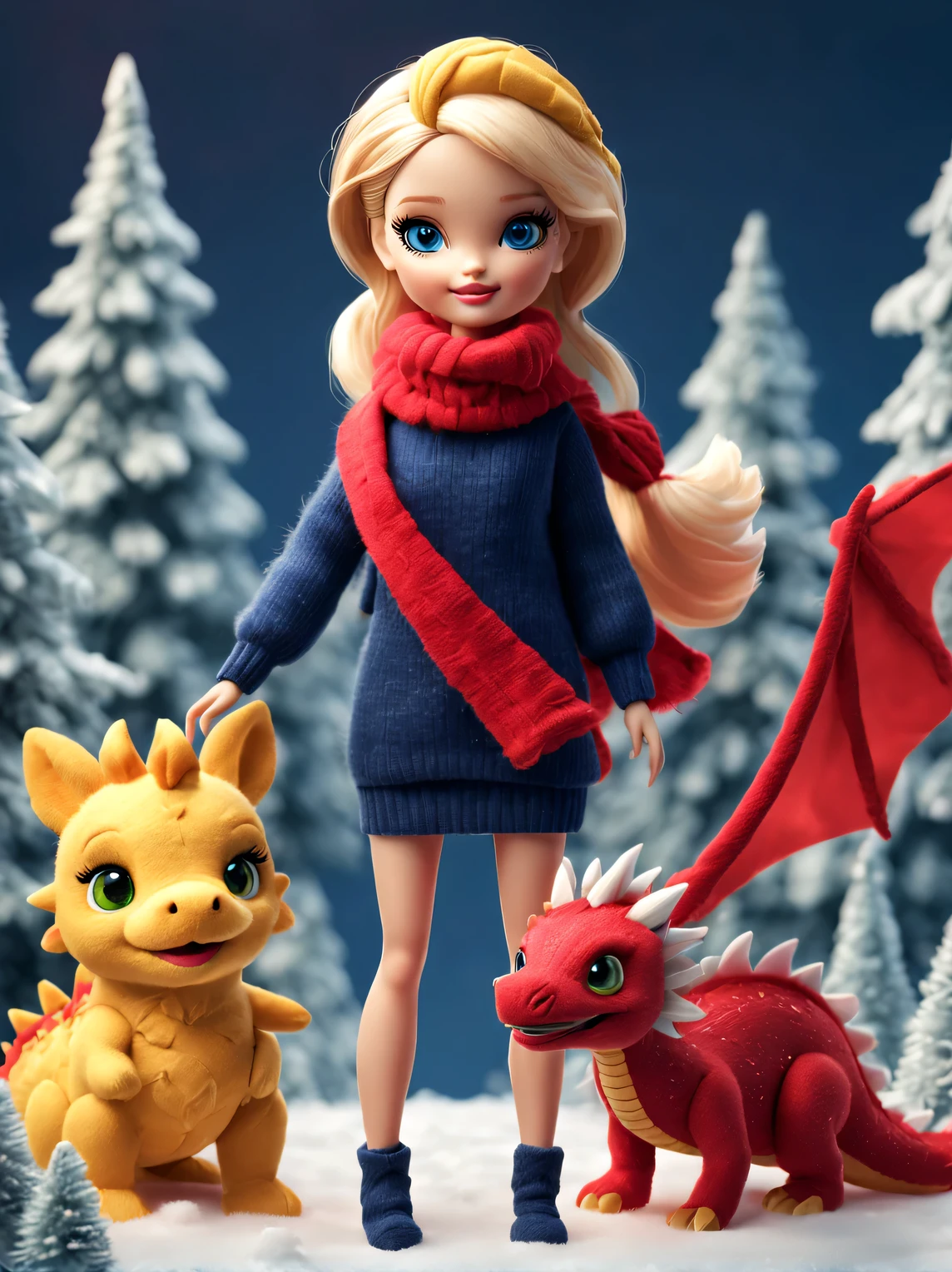 (2024 new year poster design),(Plush toy design),(Naughty and cute Barbie doll and little dragon:1.2),(wool craft),(Fluffy:1.1) ,Winter high fashion with sweaters and scarves,(golden happy new year), Cute 3d rendering,Background with:dark navy blue+fiery red,,Cute and detailed digital art,Miniature feeling,stylized 3d render,3d rendered figure art 8k,lovely digital painting,Anime style 3D,Ultra-detailed rendering