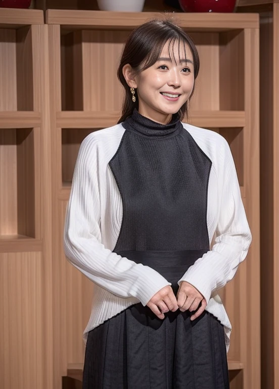 Best Quality, hight resolution, Hires, Skin definition, Detailed skin, Detailed eyes, Detailed face, 4K, 日本人A MILF, ((独奏)), (((70 years old))), (Wrinkles at the corners of the eyes:1.6), (nasolabial folds:1.3), A MILF, glamor, A sexy, Chromo-white skin, ((Wavy Longhair)), Looking at Viewer,(((my skin is old))), ((muscles are old)), (((A slender))), ((Saggy udder)), (Saggy buttocks), ((Japanese Models)), 4K, (photoRealistic:1.5), Realistic, nffsw, Beautiful, Bimbo, Perfect makeup, small diamond necklace, piercings, ((Brown coat, White turtleneck sweater, sleeveless, Argyle pattern pleated skirt, Black long boots )), ssmile, Public places,Full body photo,