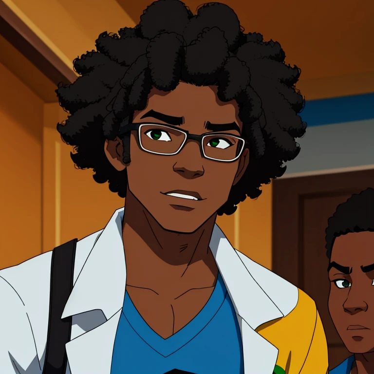 Create a prompt for a Brazilian character: a friendly, 15 to 19-year-old, medium-height, black boy from Rio de Janeiro with a medium-sized afro (black power) hairstyle. He is a geek and gamer, and has a warm and approachable demeanor."