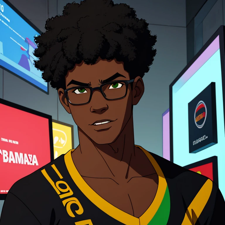 Create a prompt for a Brazilian character: a friendly, 15 to 19-year-old, medium-height, black boy from Rio de Janeiro with a medium-sized afro (black power) hairstyle. He is a geek and gamer, and has a warm and approachable demeanor."
