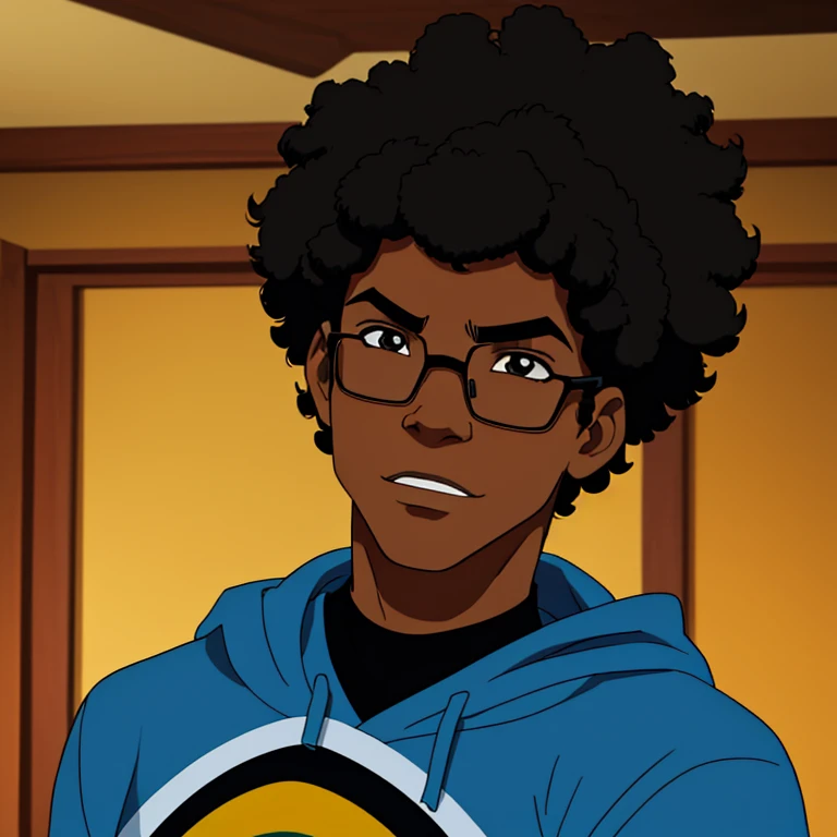 Create a prompt for a Brazilian character: a friendly, 15 to 19-year-old, medium-height, black boy from Rio de Janeiro with a medium-sized afro (black power) hairstyle. He is a geek and gamer, and has a warm and approachable demeanor."