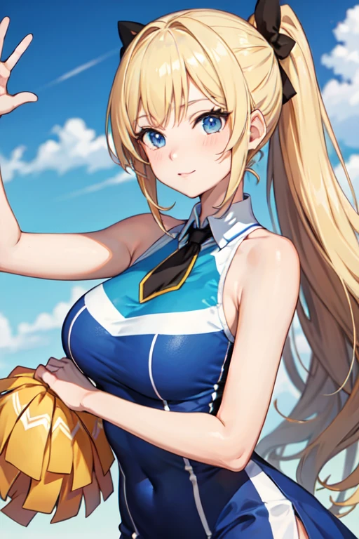 anime girl with blue dress and cheerleader holding up a pom pomrl, beautiful anime high school girl, pretty anime girl, cute anime girl, anime girl blonde busty