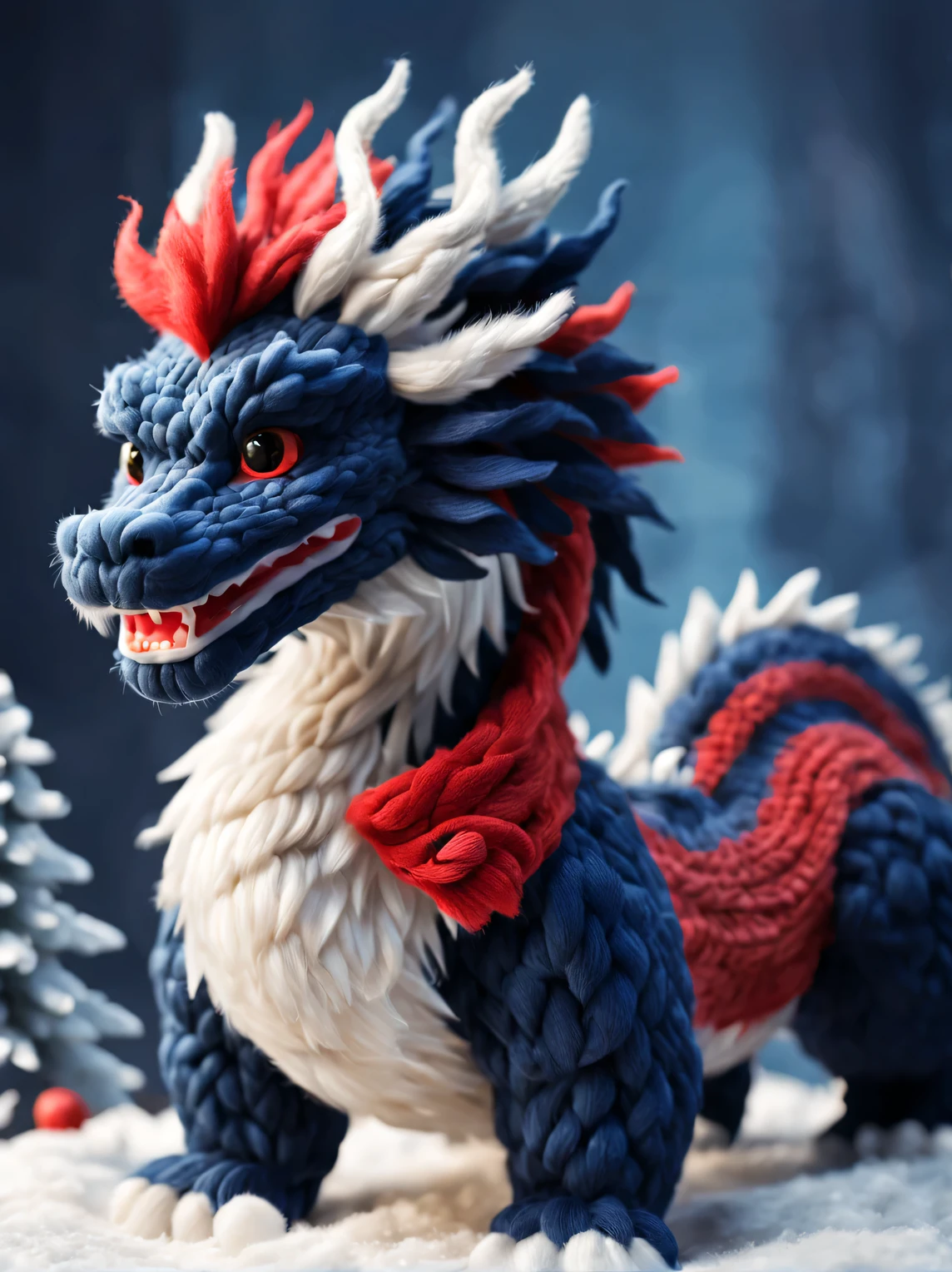 （Plush toy design），Smiling cute Chinese dragon baby and barbie doll，（wool craft），（Fluffy：0.68） ，Winter high fashion chinoiserie sweaters and scarves， Cute 3d rendering，Background with：dark navy blue+fiery red，，Cute and detailed digital art，Miniature feeling，stylized 3d render，3d rendered figure art 8k，lovely digital painting，Anime style 3D，Ultra-detailed rendering