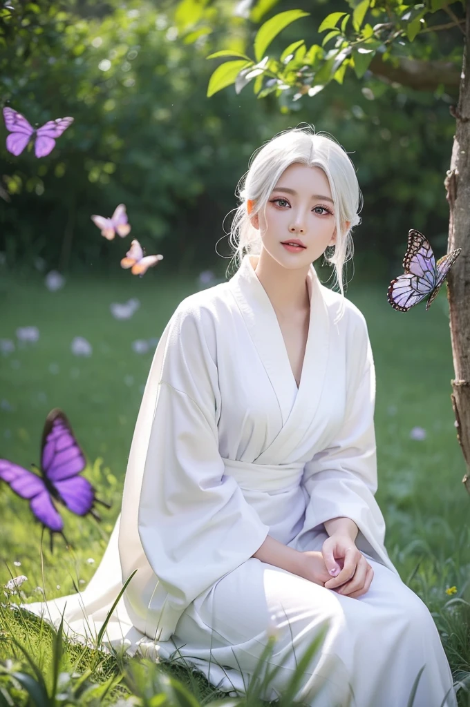 The white-haired beauty with white eyelashes and purple eyes wears a gorgeous white robe and sits on a lush grassland surrounded by woods. She looks lovingly at the butterflies flying in her hands.