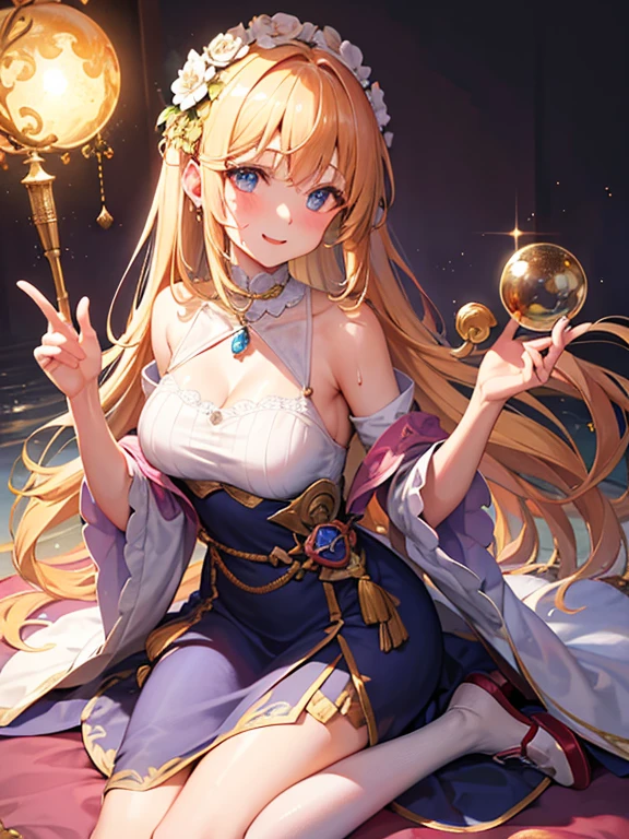 "MASTERPIECE" single mature female, long curly blonde hair, green eyes, large chest, patterned kimono, lying on bed, seductive smile, blushing, (SOLO), bare legs, cleavage, boobs, shiny silk kimono, pattern kimono, purple and pink kimono flower in hair, full lips, (shiny), (((1knife))), (((clear crystal ball on bed))), detailed eyes, detailed lips, detailed face, curvy