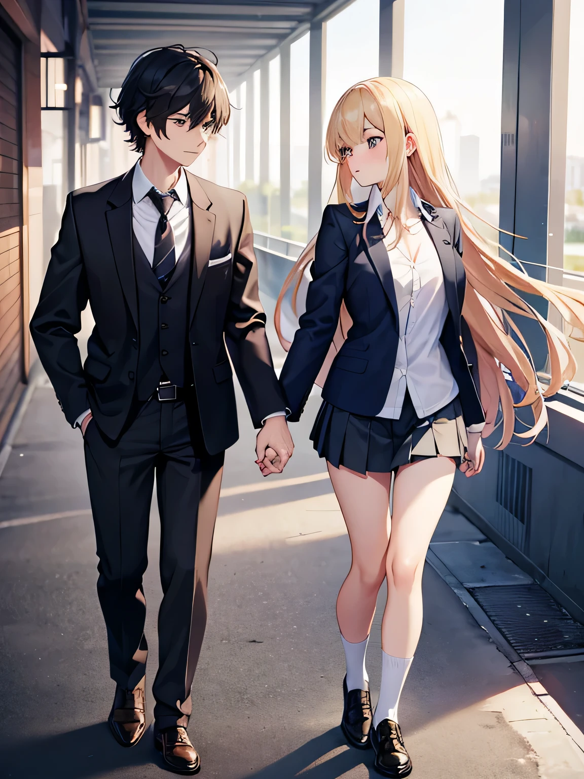 1,man and woman walking hand in hand.
2,The woman is a delinquent high school student with long blonde hair., Mini skirt, I unbuttoned my blazer, The second button of the shirt is undone, And loose socks on my feet.
3, The man is a teacher, Wearing a suit and tie, black hair and hairy head.
4,The location is on the way to school.