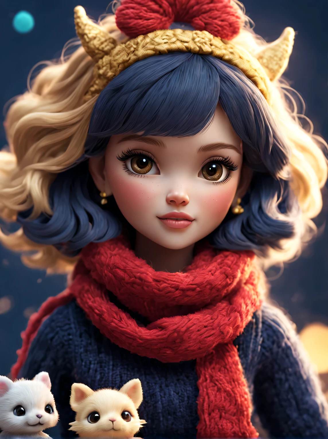 ,(Plush toy design),(Naughty and cute Barbie doll and little dragon:1.2),(wool craft),(Fluffy:1.1) ,Winter high fashion with sweaters and scarves,(golden happy new year), Cute 3d rendering,Background with:dark navy blue+fiery red,,Cute and detailed digital art,Miniature feeling,stylized 3d render,3d rendered figure art 8k,lovely digital painting,Anime style 3D,Ultra-detailed rendering