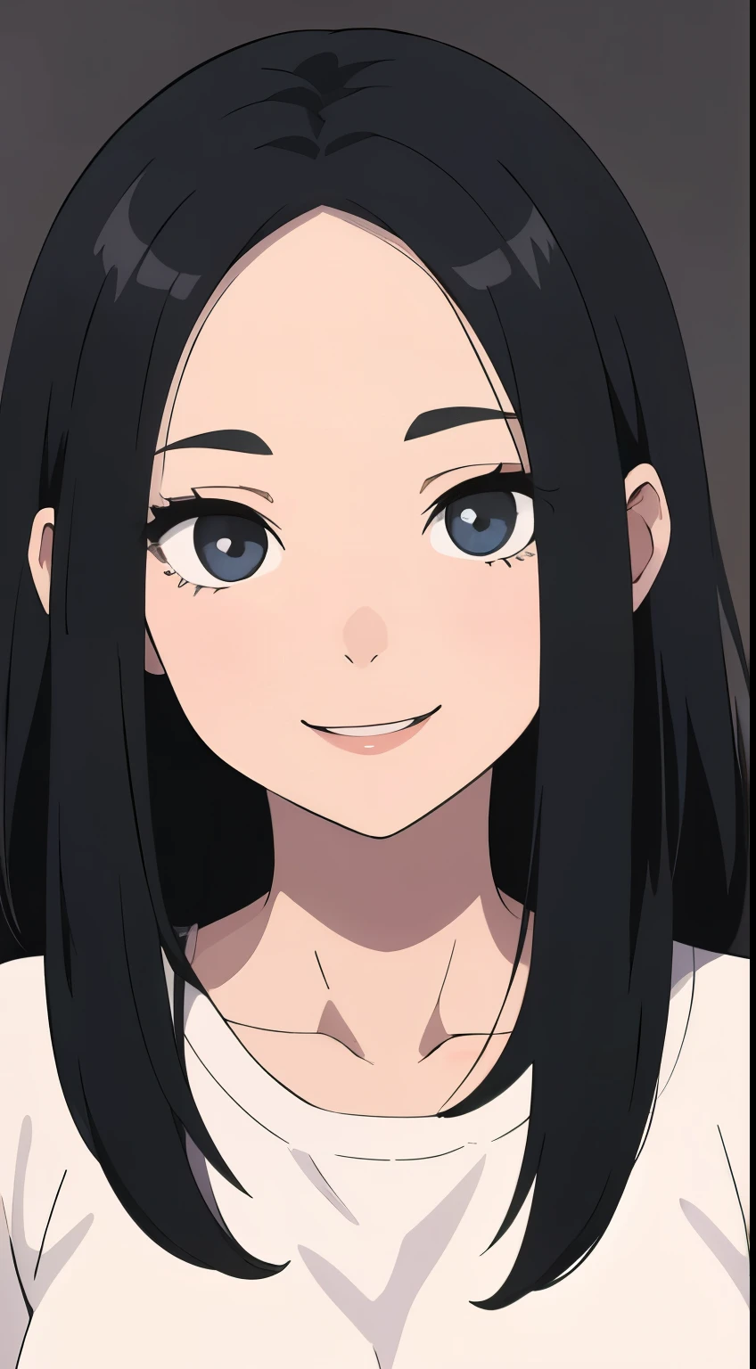 One girl with black hair, hair length until bust, straight hair, hair parted in center of head, round face. hairstyle with a center part, that the hair should be parted down the middle, creating a symmetrical look without any frontal hair covering the forehead. Looking straight. Looking straight at viewers. Smiling. Happy. Wearing casual shirt. Straight pose. Frontal view