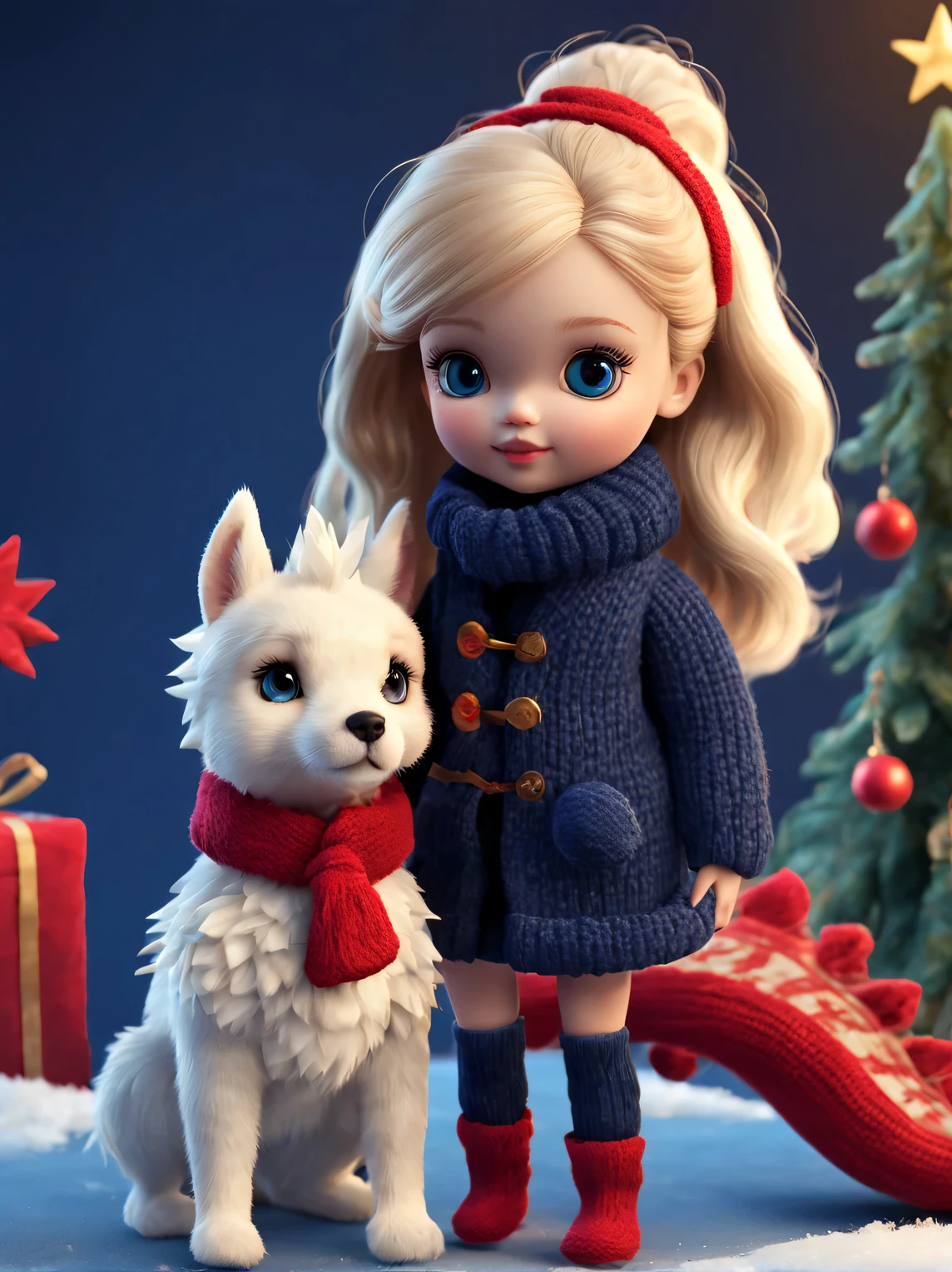 ，（Plush toy design），（Naughty and cute Barbie doll and little dragon：1.2），（wool craft），（Fluffy：1.1） ，Winter high fashion with sweaters and scarves，(golden happy new year)， Cute 3d rendering，Background with：dark navy blue+fiery red，，Cute and detailed digital art，Miniature feeling，stylized 3d render，3d rendered figure art 8k，lovely digital painting，Anime style 3D，Ultra-detailed rendering