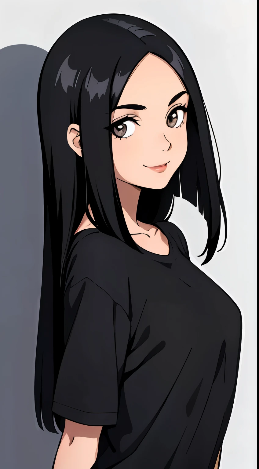 One girl with black hair, hair length until bust, straight hair, hair parted in center of head, round face. hairstyle with a center part, that the hair should be parted down the middle, creating a symmetrical look without any frontal hair covering the forehead. Looking straight. Looking straight at viewers. Smiling. Happy. Wearing casual shirt. Straight pose. Frontal view