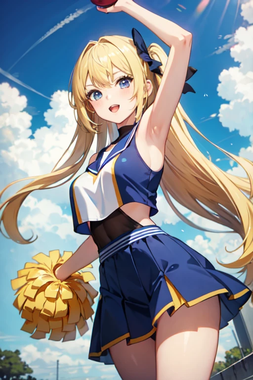 anime girl with blue dress and cheerleader holding up a pom pomrl, beautiful anime high school girl, pretty anime girl, cute anime girl, anime girl blonde busty