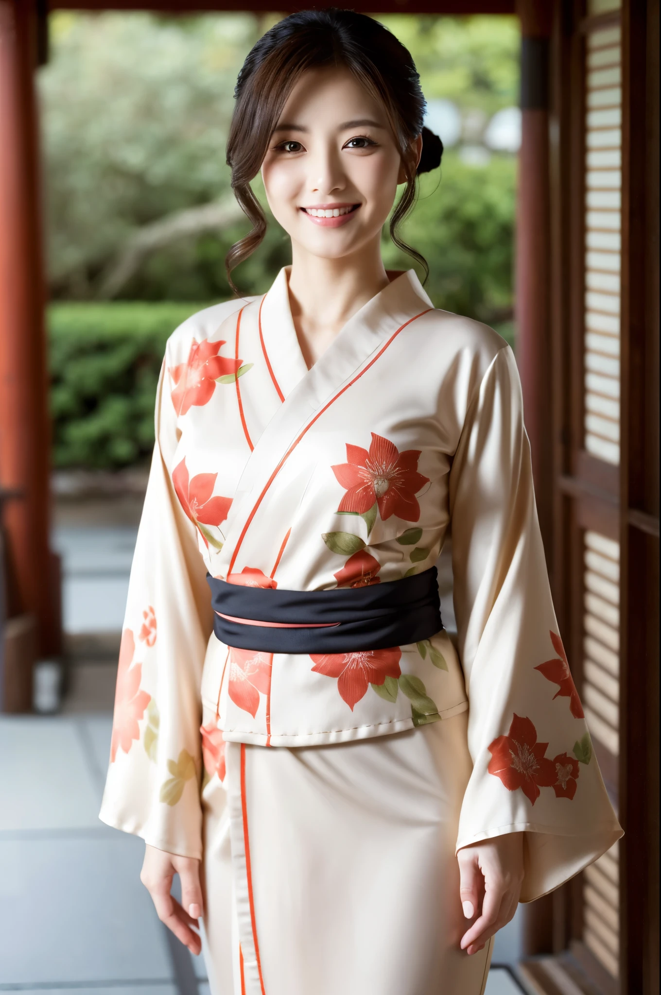 face is :9,1449314384], ulzzang -6500-v1.1, (Raw photo:1.2), (Photorealsitic), Beautiful mature woman VN01, Beautiful detailed, (Real: 1.4), ighly detailedな目と顔, beatiful detailed eyes,  (Japan kimono、Elegant Japanese pattern kimono、komono)、full body Esbian、 (Very affectionate smile:1.2)、huge filesize, hight resolution, ighly detailed, top-quality, [​masterpiece:1.6], illustratio, ighly detailed, nffsw, finely detail, top-quality, 8k wallpaper, Cinematographic lighting, 1 milf, 37 years old, perfect body type, cute droopy eyes beautiful big eyes、Pieckfinger, ((masutepiece)), Best Quality, 1 milf, eye shadow, Upper body, Portrait, ((FULL BODYSHOT:1.6))、