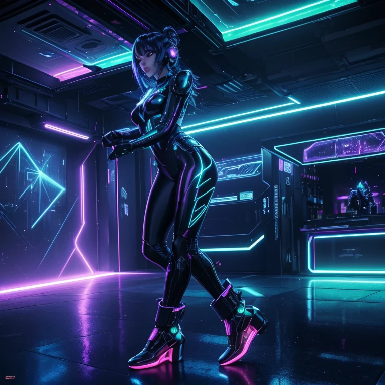 (Very detailed: 1.5), official art, stained glass with images of arcade machines, video games, the motif is arcade machines, video games, light transmission, vibrant colors, symmetrical designs, lighting effects, shiny, 1futuristic mechanical girl, alone, in a science. -fi environment with neon flashes, style (Cyberpunk: 1.3), dressed in a stylish combat suit with shiny details, plunging neckline, posing confidently (bold typography: 1.2), dynamic composition, bright colors, (Akira style: 1.1), (Hajime Sorayama inspiration: 1.2),