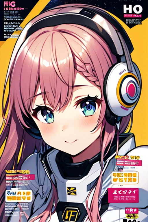 独奏、Braiding、1 girl in、depth of fields、Long Blonde Hair、Inside the space station、Make eye contact、sitting on、masterpiece、top-quality、(top-quality)、((masterpiece))、(hight resolution)、Original、Very detailed 8k wallpaper、(extremely delicate and beautiful)、((A detailed face))、(white futuristic bodysuit space suit):1.3,beautiful finely detailed eyes、Hair that flutters in the wind、dishevled hair、lensflare、1 girl in、full body Esbian、(blue eyess)、(head phone)、(A pink-haired):1.2、(Cute :1.1)、Beautiful fine eyes、Very long hair、tiny chest、(looking at the viewers)、(magazine:1.3)、(coversスタイル:1.3)、Fashionable、femele、with a vibrant、outfits、the pose、the front、Colorful、Dynamic、Background with、element、I'm confident、expresive、ngel、statement、accessorized、An majestic、coiled、surroundings、Touch、The scene、Texto、covers、It's bold、captures the attention、Titles、Stylish、Font、Catchy、headline、The large、Impressive、moderno、Trendy、Focus、lo fashion