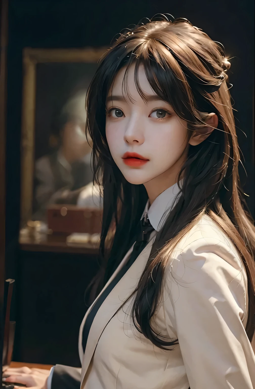blazer jacket，(Bigchest:1.4)，long whitr hair
