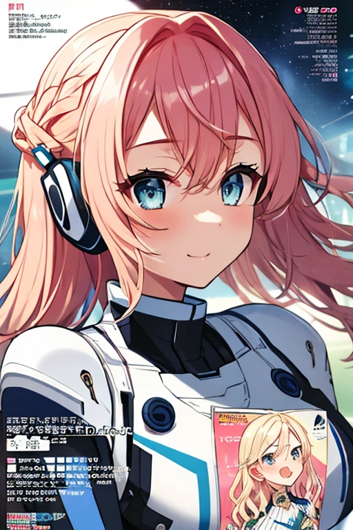 独奏、Braiding、1 girl in、depth of fields、Long Blonde Hair、Inside the space station、Make eye contact、sitting on、​masterpiece、top-quality、(top-quality)、((​masterpiece))、(hight resolution)、Original、Very detailed 8k wallpaper、(extremely delicate and beautiful)、((A detailed face))、(white futuristic bodysuit space suit):1.3,beautiful finely detailed eyes、Hair that flutters in the wind、dishevled hair、lensflare、1 girl in、full body Esbian、(blue eyess)、(head phone)、(A pink-haired):1.2、(Cute little girl:1.1)、Beautiful fine eyes、Very long hair、tiny chest、(looking at the viewers)、(magazine:1.3)、(coversスタイル:1.3)、Fashionable、femele、with a vibrant、outfits、the pose、the front、Colorful、Dynamic、Background with、element、I'm confident、expresive、ngel、statement、accessorized、An majestic、coiled、surroundings、Touch、The scene、Texto、covers、It's bold、captures the attention、Titles、Stylish、Font、Catchy、headline、The large、Impressive、moderno、Trendy、Focus、lo fashion