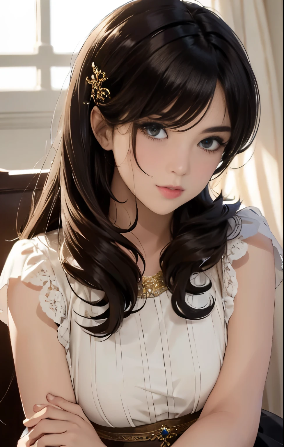 (​masterpiece),(top-quality:1.2), (1womanl,26 year old:1.4), (masuter piece:1.3),exquisitedetails, top-qualityの8K解像度, Ultra-detailed, Realistic, Vibrant colors, Soft tones, With warm and gentle lighting, (Dresses in pastel colors:1.5), (Black hair straight long:1.5), (Light bangs:1.3), (Lustrous hair, hairaccessories), (Brown eyes:1.3)Slim and attractive body line, Sophisticated fashion:1.3,