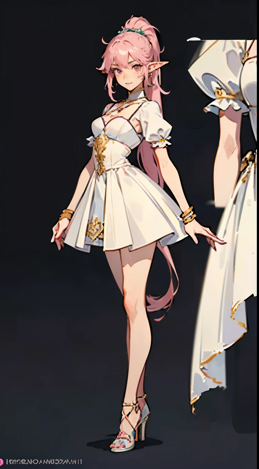 ((masterpiece,best quality,8k,highres)),((character concept art)), 1 female, young female adult, elf girl, 165cm height, long hair, ponytail (pink hair colour), ultra finely detailed eyes (pink eyes colour), ((pointed ears)), extraordinary gorgeous, cute, adorable, innocent smile, flat breasts, petite boobs, small breasts, small body shape, ((intricate detail)), super finely detailed hands, ultra finely detailed fingers(((ten fingers))), stylish mini dress (white colour outfit), high heels, earrings, necklace, bracelet, (standing still), (full body showcase), (show full body), (no logos on background), (no logo), ((plain background)), ((plain background)), (((empty background)))