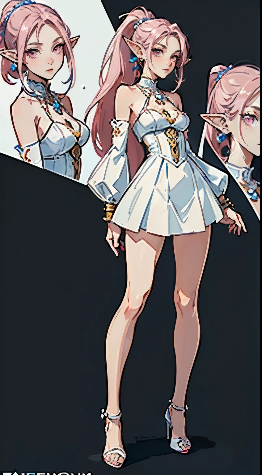 ((masterpiece,best quality,8k,highres)),((character concept art)), 1 female, young female adult, elf girl, 165cm height, long hair, ponytail (pink hair colour), ultra finely detailed eyes (pink eyes colour), ((pointed ears)), extraordinary gorgeous, cute, adorable, innocent smile, flat breasts, petite boobs, small breasts, small body shape, ((intricate detail)), super finely detailed hands, ultra finely detailed fingers(((ten fingers))), stylish mini dress (white colour outfit), high heels, earrings, necklace, bracelet, (standing still), (full body showcase), (show full body), (no logos on background), (no logo), ((plain background)), ((plain background)), (((empty background)))
