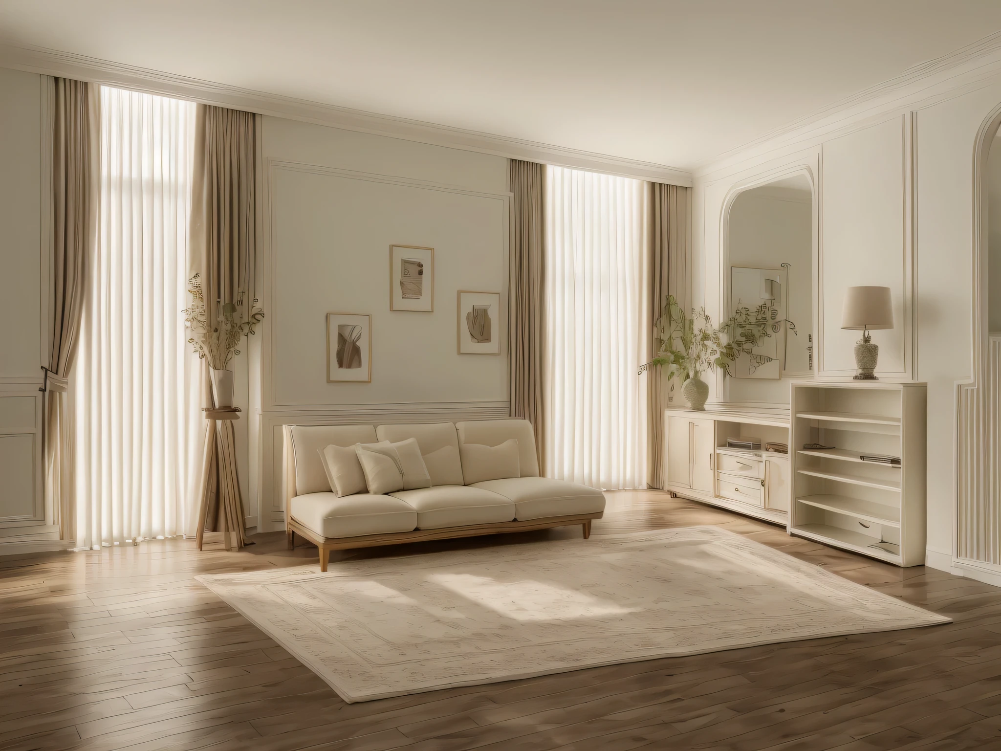 livingroom,RAW photo,Masterpiece, high quality, best quality, authentic, super detail, interior,white wall, Neutral color for furniture,natural wooden texture, parisian style, Realistic reflexes,realistic light , vray , mixed with modern style