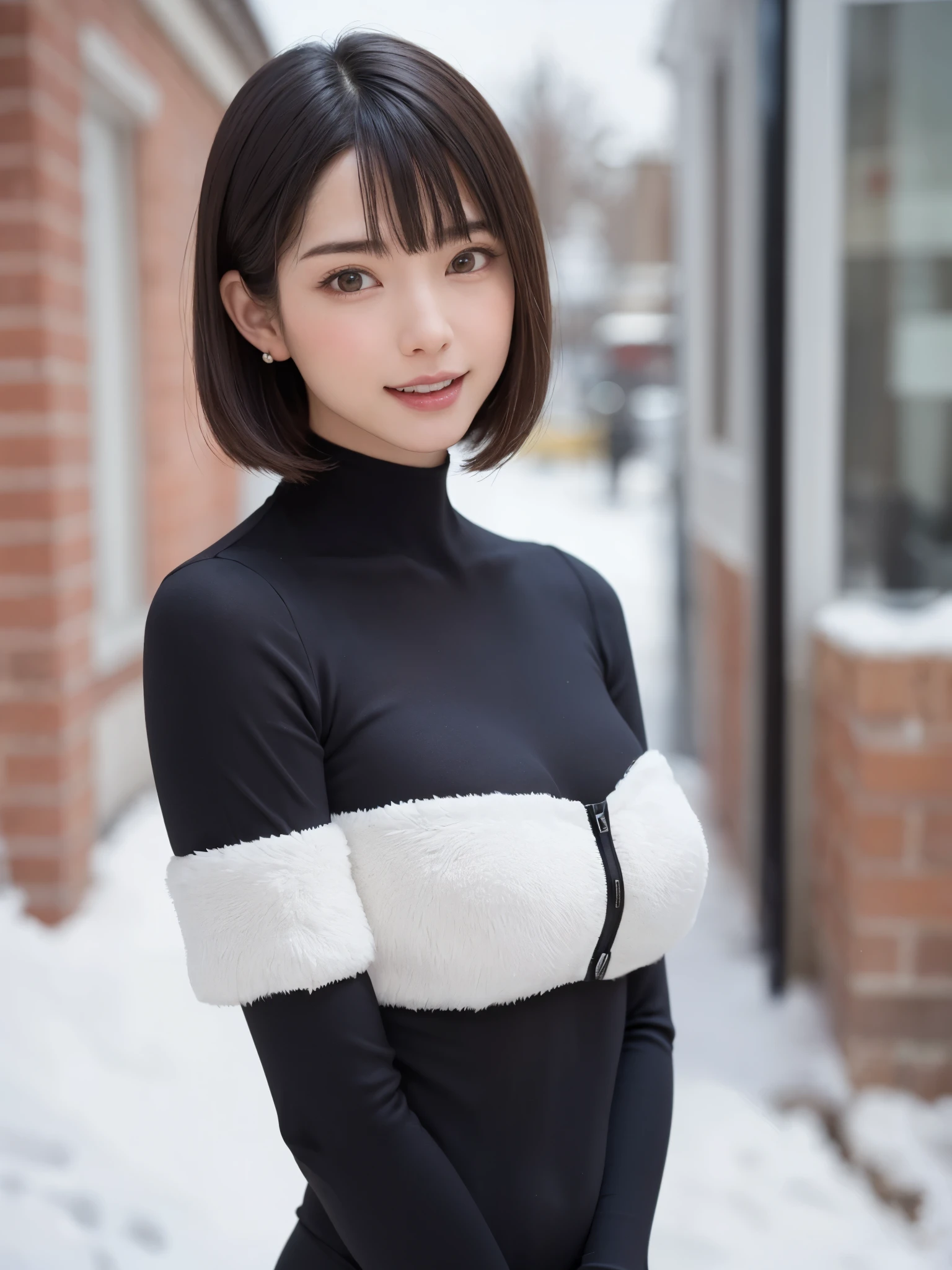 (​masterpiece, top-quality),1girl in, 独奏, hyper realisitic, Photorealistic,realisitic, looking at the viewers, brown eyes of light color:1.4,Brunette short bob hair with highly detailed shiny hair, Winter clothes in bright colors, lepangas:1.4), plein air, a closed mouth, The upper part of the body、Big eye、Lashes、{Gigantic|Big|Huge|Mega} breasts:2, cleavage:2、(((Big eye、Short bob hair、Intense highlights of the pupils、gazing at viewer、She is a very beautiful and cute beauty、Put your ears out、long neck、smil、Close your mouth and smil、bangs beautiful teeth)))、Ideal ratio body proportions、（Snow-covered tree-lined streets in Norway in winter）、美しいlong neck:1.4、