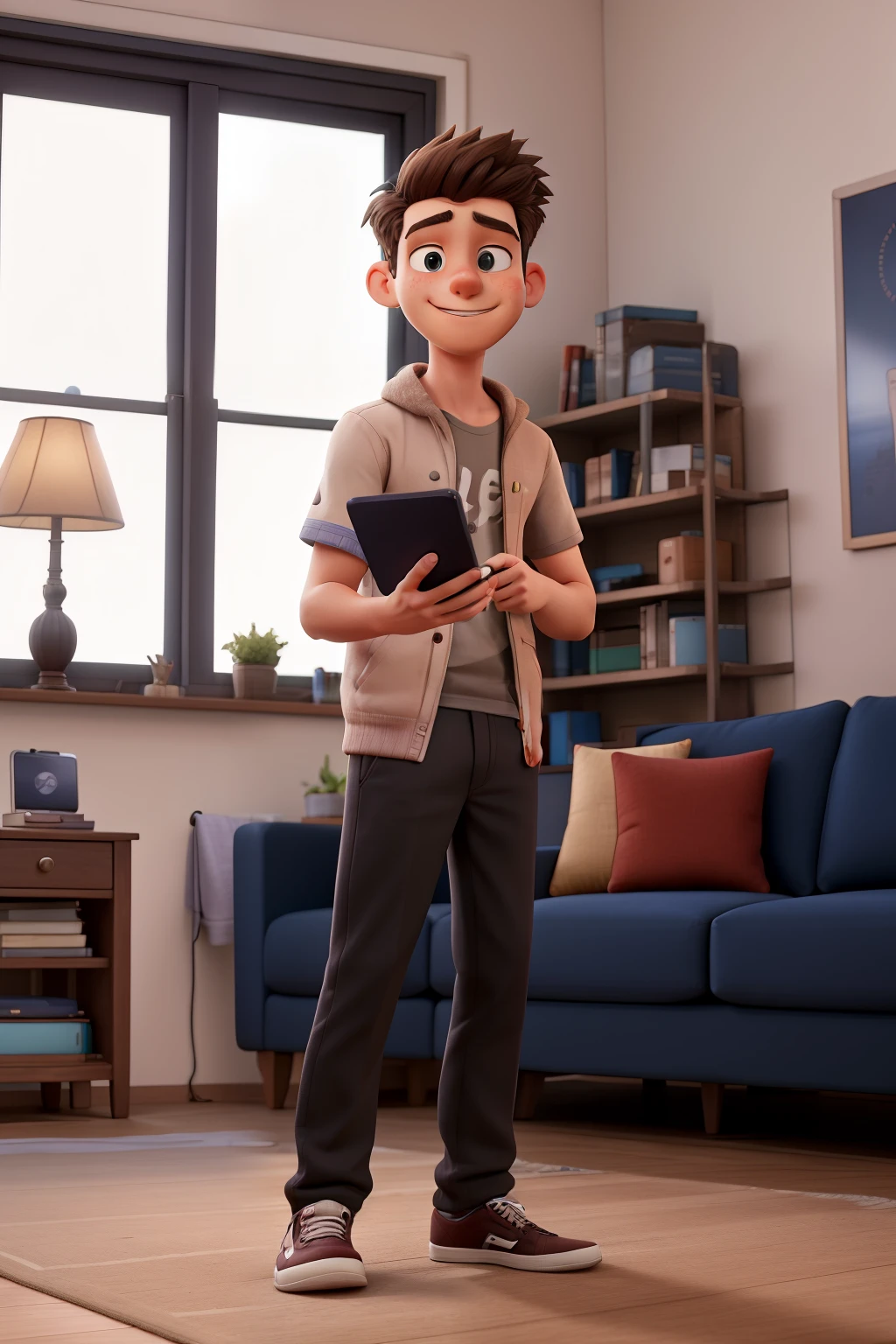 a teenager holding his cell phone on the sofa at home