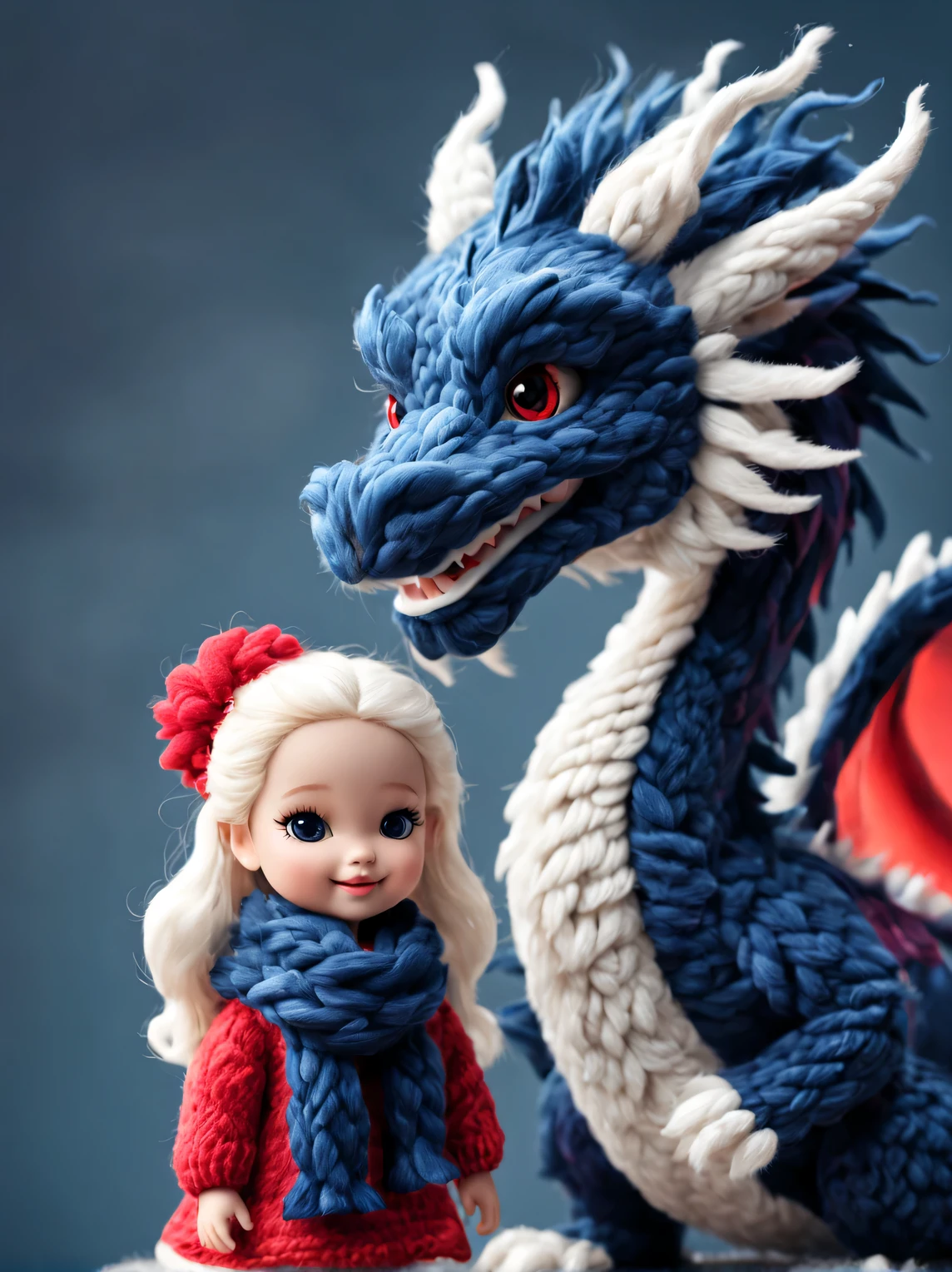 （Plush toy design），Smiling cute Chinese dragon baby and barbie doll，（wool craft），（Fluffy：0.68） ，Winter high-end gorgeous fashion Chinese style sweater scarf， Cute 3d rendering，Background with：Dark navy and fiery red，，Cute and detailed digital art，Miniature feeling，stylized 3d render，3d rendered figure art 8k，lovely digital painting，Anime style 3D，Ultra-detailed rendering