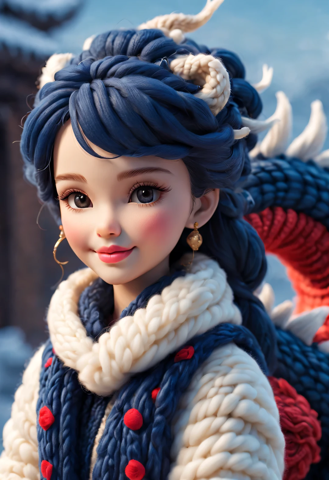 (Plush toy design),Smiling cute Chinese dragon and Barbie doll couple,(wool craft),(Fluffy:0.68) ,Winter high-end gorgeous fashion Chinese style sweater scarf, Cute 3d rendering,Background with:Dark navy and fiery red,heavy snow ground,golden colored,Cute and detailed digital art,Miniature feeling,stylized 3d render,3d rendered figure art 8k,lovely digital painting,Anime style 3D,Ultra-detailed rendering