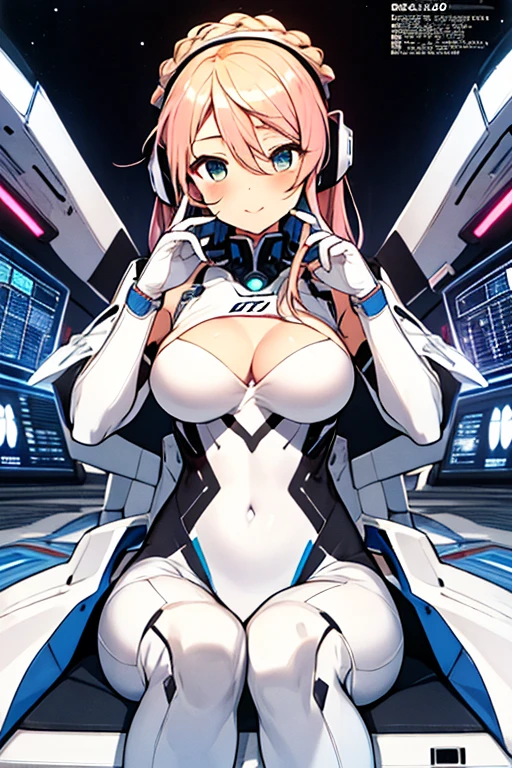 独奏、Braiding、1 girl in、depth of fields、Long Blonde Hair、Inside the space station、Make eye contact、sitting on、masterpiece、top-quality、(top-quality)、((masterpiece))、(hight resolution)、Original、Very detailed 8k wallpaper、(extremely delicate and beautiful)、((A detailed face))、(white futuristic bodysuit space suit):1.3,beautiful finely detailed eyes、Hair that flutters in the wind、dishevled hair、lensflare、1 girl in、full body Esbian、(blue eyess)、(head phone)、(A pink-haired):1.2、(Cute :1.1)、Beautiful fine eyes、Very long hair、tiny chest、(looking at the viewers)、(magazine:1.3)、(coversスタイル:1.3)、Fashionable、femele、with a vibrant、outfits、the pose、the front、Colorful、Dynamic、Background with、element、I'm confident、expresive、ngel、statement、accessorized、An majestic、coiled、surroundings、Touch、The scene、Texto、covers、It's bold、captures the attention、Titles、Stylish、Font、Catchy、headline、The large、Impressive、moderno、Trendy、Focus、lo fashion