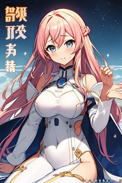 独奏、Braiding、1 girl in、depth of fields、Long Blonde Hair、Inside the space station、Make eye contact、sitting on、masterpiece、top-quality、(top-quality)、((masterpiece))、(hight resolution)、Original、Very detailed 8k wallpaper、(extremely delicate and beautiful)、((A detailed face))、(white futuristic bodysuit space suit):1.3,beautiful finely detailed eyes、Hair that flutters in the wind、dishevled hair、lensflare、1 girl in、full body Esbian、(blue eyess)、(head phone)、(A pink-haired):1.2、(Cute little girl:1.1)、Beautiful fine eyes、Very long hair、tiny chest、(looking at the viewers)、(magazine:1.3)、(coversスタイル:1.3)、Fashionable、femele、with a vibrant、outfits、the pose、the front、Colorful、Dynamic、Background with、element、I'm confident、expresive、ngel、statement、accessorized、An majestic、coiled、surroundings、Touch、The scene、Texto、covers、It's bold、captures the attention、Titles、Stylish、Font、Catchy、headline、The large、Impressive、moderno、Trendy、Focus、lo fashion