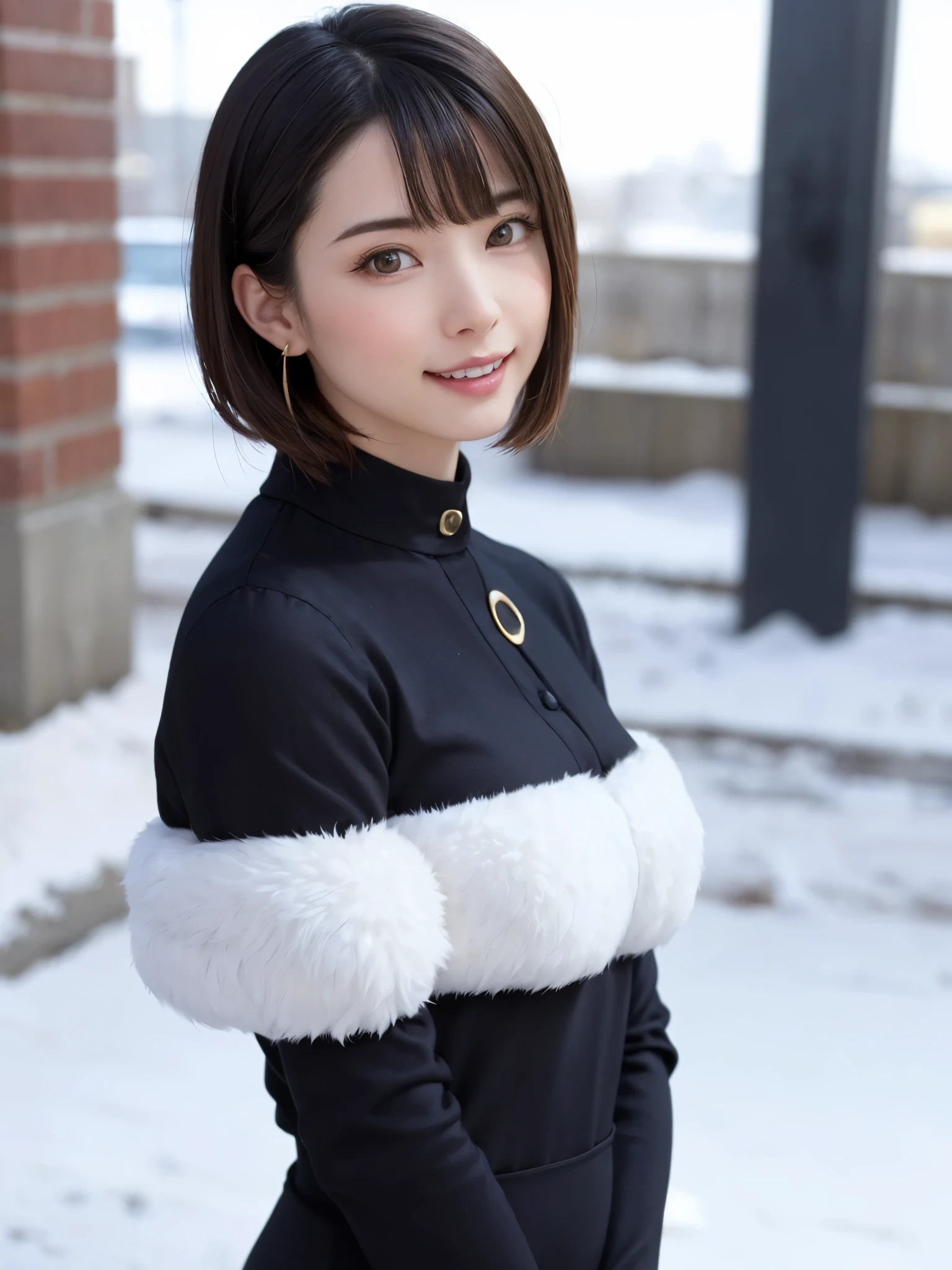 (​masterpiece, top-quality),1girl in, 独奏, hyper realisitic, Photorealistic,realisitic, looking at the viewers, brown eyes of light color:1.4,Brunette short bob hair with highly detailed shiny hair, Winter clothes in bright colors, lepangas:1.4), plein air, a closed mouth, The upper part of the body、Big eye、Lashes、{Gigantic|Big|Huge|Mega} breasts:2, cleavage:2、(((Big eye、Short bob hair、Intense highlights of the pupils、gazing at viewer、She is a very beautiful and cute beauty、Put your ears out、long neck、smil、Close your mouth and smil、bangs beautiful teeth)))、Ideal ratio body proportions、（Snow-covered tree-lined streets in Norway in winter）、美しいlong neck:1.4、