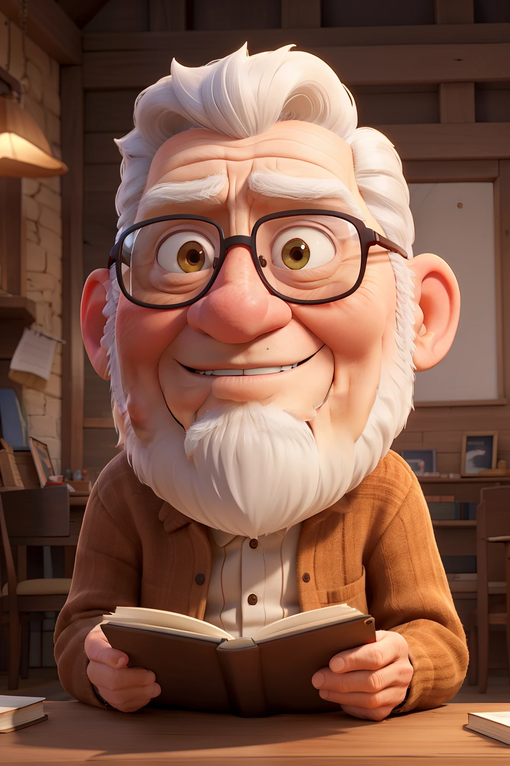 an elderly man, with a long white beard, sitting on a wooden chair, glasses on his face, reading a book