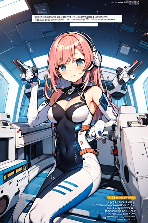 独奏、Braiding、1 girl in、depth of fields、Long Blonde Hair、Inside the space station、Make eye contact、sitting on、masterpiece、top-quality、(top-quality)、((masterpiece))、(hight resolution)、Original、Very detailed 8k wallpaper、(extremely delicate and beautiful)、((A detailed face))、(white futuristic bodysuit space suit):1.3,beautiful finely detailed eyes、Hair that flutters in the wind、dishevled hair、lensflare、1 girl in、full body Esbian、(blue eyess)、(head phone)、(A pink-haired):1.2、(Cute :1.1)、Beautiful fine eyes、Very long hair、tiny chest、(looking at the viewers)、(magazine:1.3)、(coversスタイル:1.3)、Fashionable、femele、with a vibrant、outfits、the pose、the front、Colorful、Dynamic、Background with、element、I'm confident、expresive、ngel、statement、accessorized、An majestic、coiled、surroundings、Touch、The scene、Texto、covers、It's bold、captures the attention、Titles、Stylish、Font、Catchy、headline、The large、Impressive、moderno、Trendy、Focus、lo fashion
