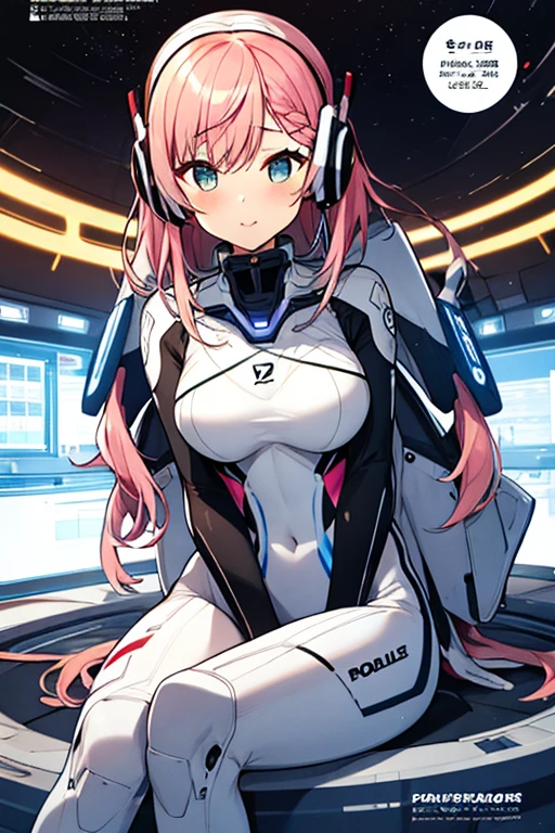 独奏、Braiding、1 girl in、depth of fields、Long Blonde Hair、Inside the space station、Make eye contact、sitting on、masterpiece、top-quality、(top-quality)、((masterpiece))、(hight resolution)、Original、Very detailed 8k wallpaper、(extremely delicate and beautiful)、((A detailed face))、(white futuristic bodysuit space suit):1.3,beautiful finely detailed eyes、Hair that flutters in the wind、dishevled hair、lensflare、1 girl in、full body Esbian、(blue eyess)、(head phone)、(A pink-haired):1.2、(Cute little girl:1.1)、Beautiful fine eyes、Very long hair、tiny chest、(looking at the viewers)、(magazine:1.3)、(coversスタイル:1.3)、Fashionable、femele、with a vibrant、outfits、the pose、the front、Colorful、Dynamic、Background with、element、I'm confident、expresive、ngel、statement、accessorized、An majestic、coiled、surroundings、Touch、The scene、Texto、covers、It's bold、captures the attention、Titles、Stylish、Font、Catchy、headline、The large、Impressive、moderno、Trendy、Focus、lo fashion